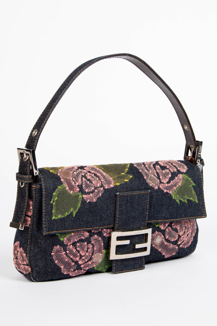 Vintage Fendi Denim Baguette with Mesh Rose Appliqué