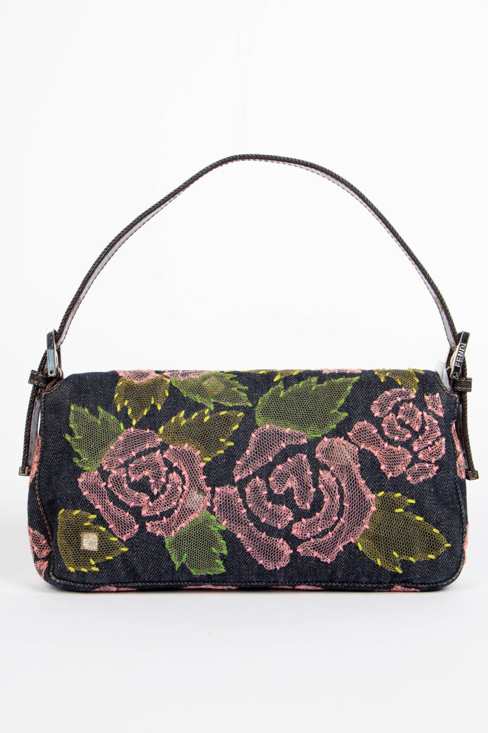 Vintage Fendi Denim Baguette with Mesh Rose Appliqué