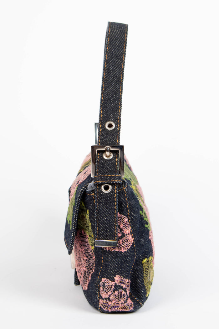 Vintage Fendi Denim Baguette with Mesh Rose Appliqué