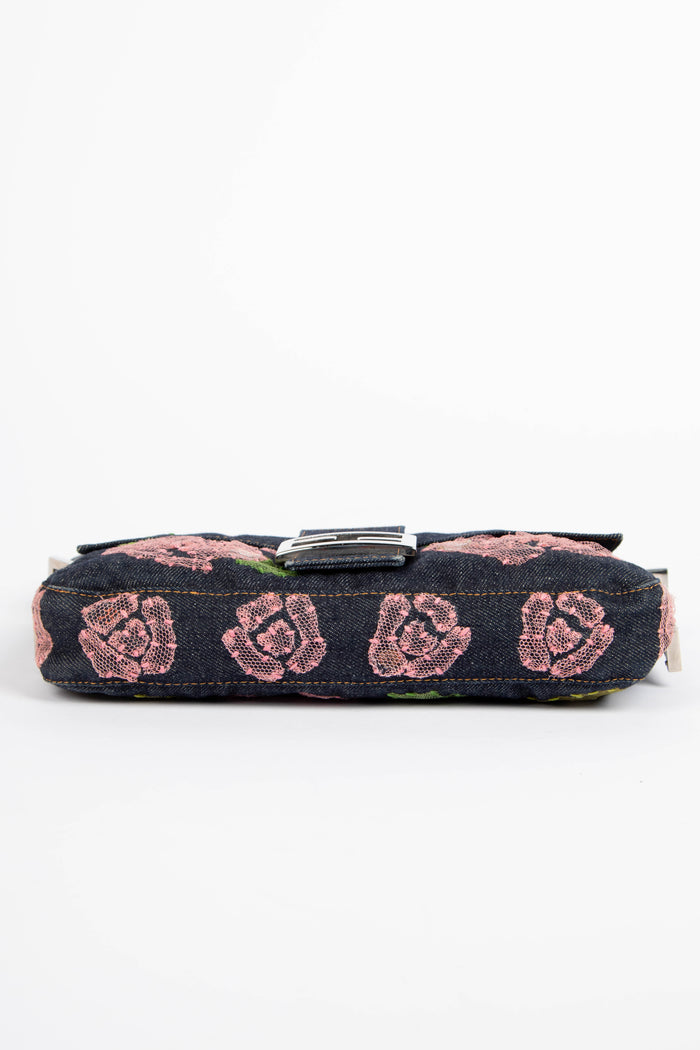 Vintage Fendi Denim Baguette with Mesh Rose Appliqué