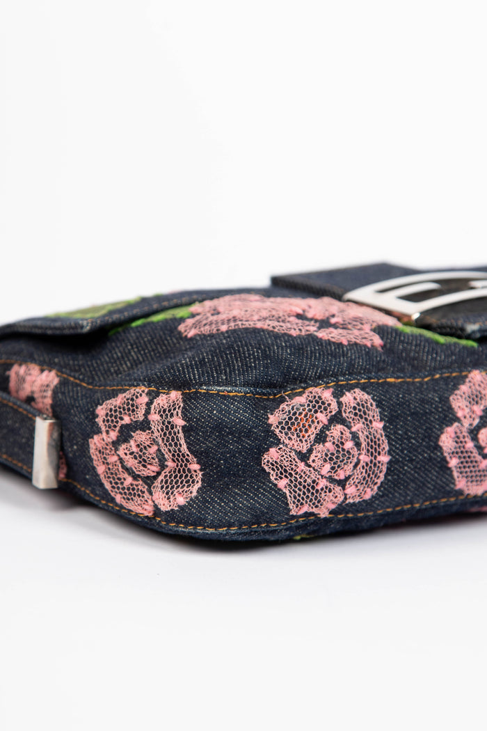 Vintage Fendi Denim Baguette with Mesh Rose Appliqué