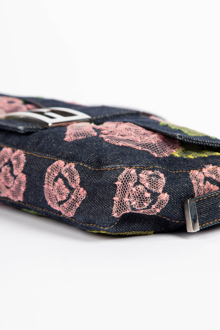 Vintage Fendi Denim Baguette with Mesh Rose Appliqué