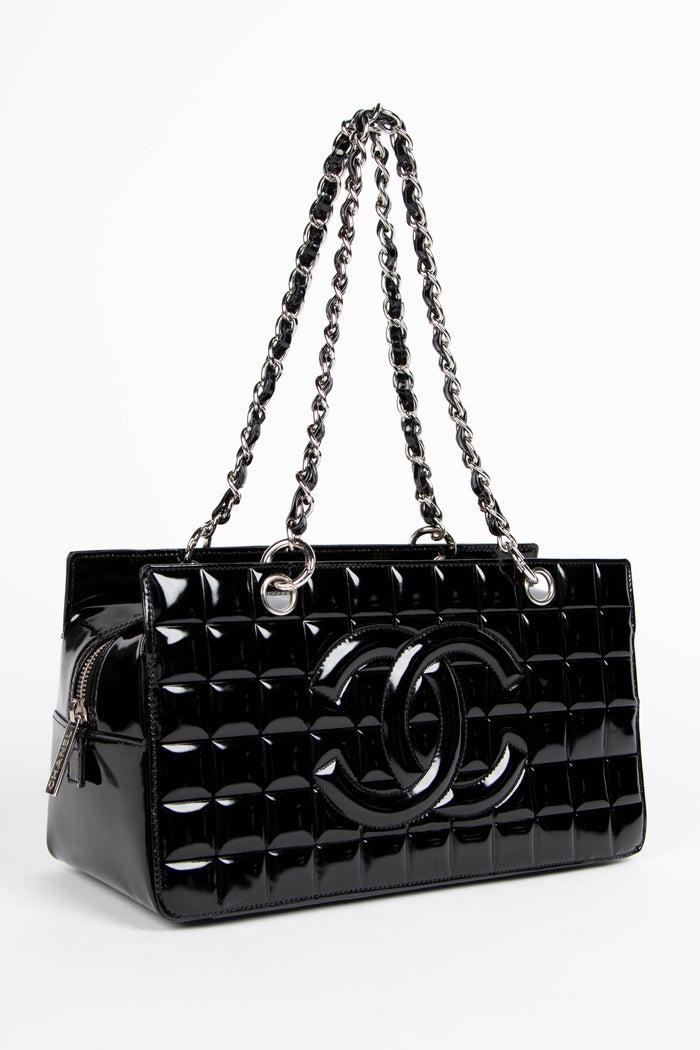 2000s Chanel Black Patent Leather Chocolate Bar Tote Bag