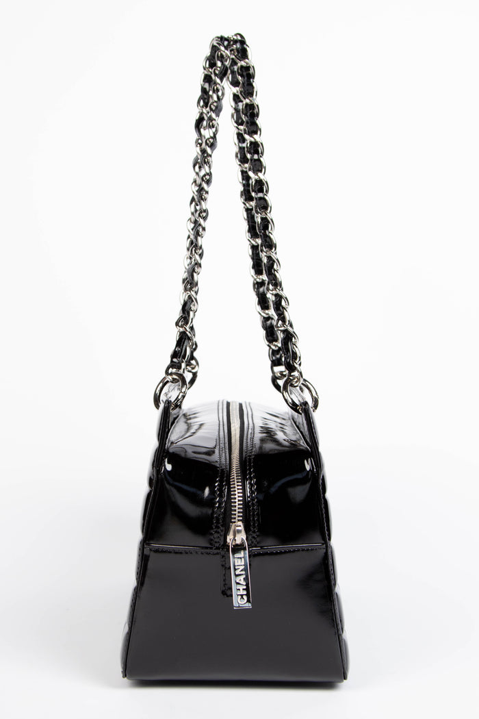 2000s Chanel Black Patent Leather Chocolate Bar Tote Bag