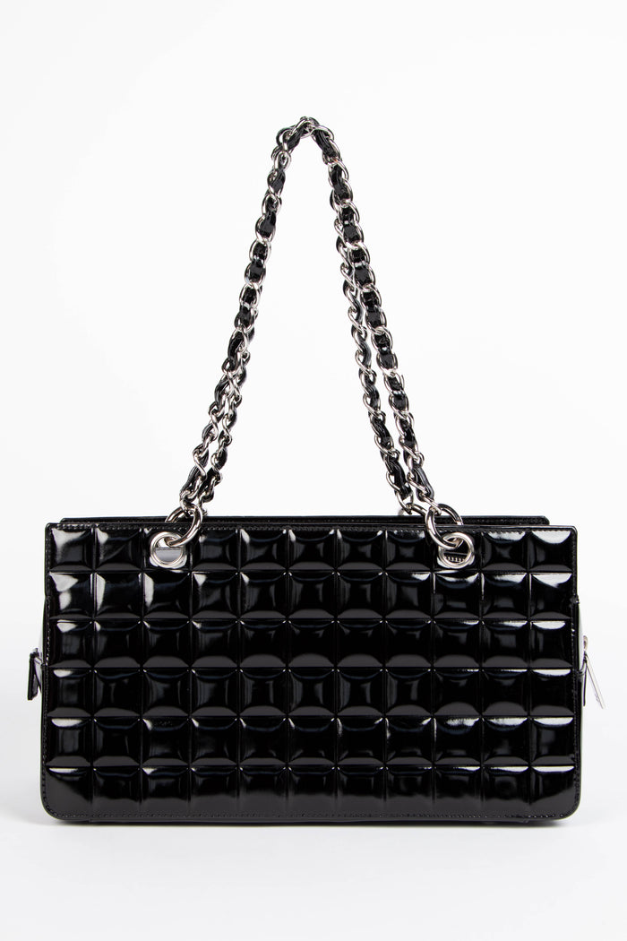2000s Chanel Black Patent Leather Chocolate Bar Tote Bag