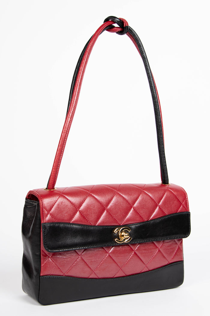 2000s Chanel Black and Red Lambskin Single Flap Shoulder Bag
