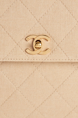 90s Chanel Beige Canvas Quilted Shoulder Bag with 24k GHW