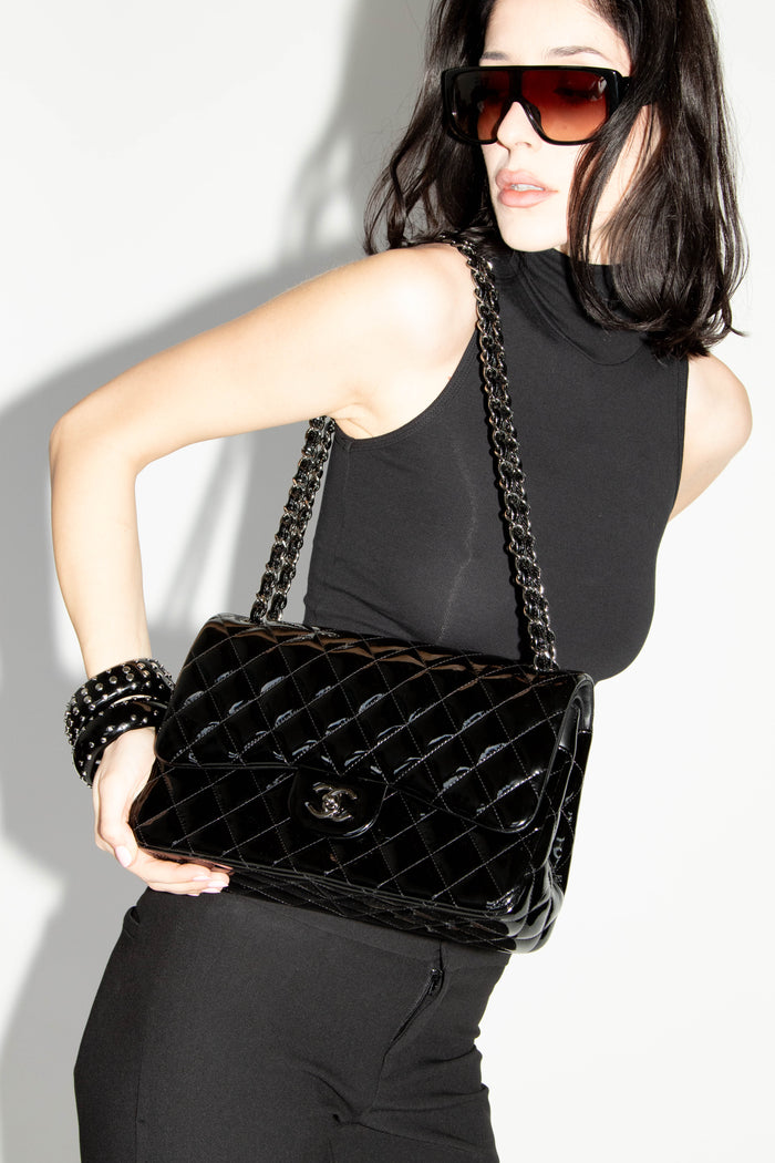 2010s Chanel Black Patent Leather Jumbo Double Flap Shoulder Bag