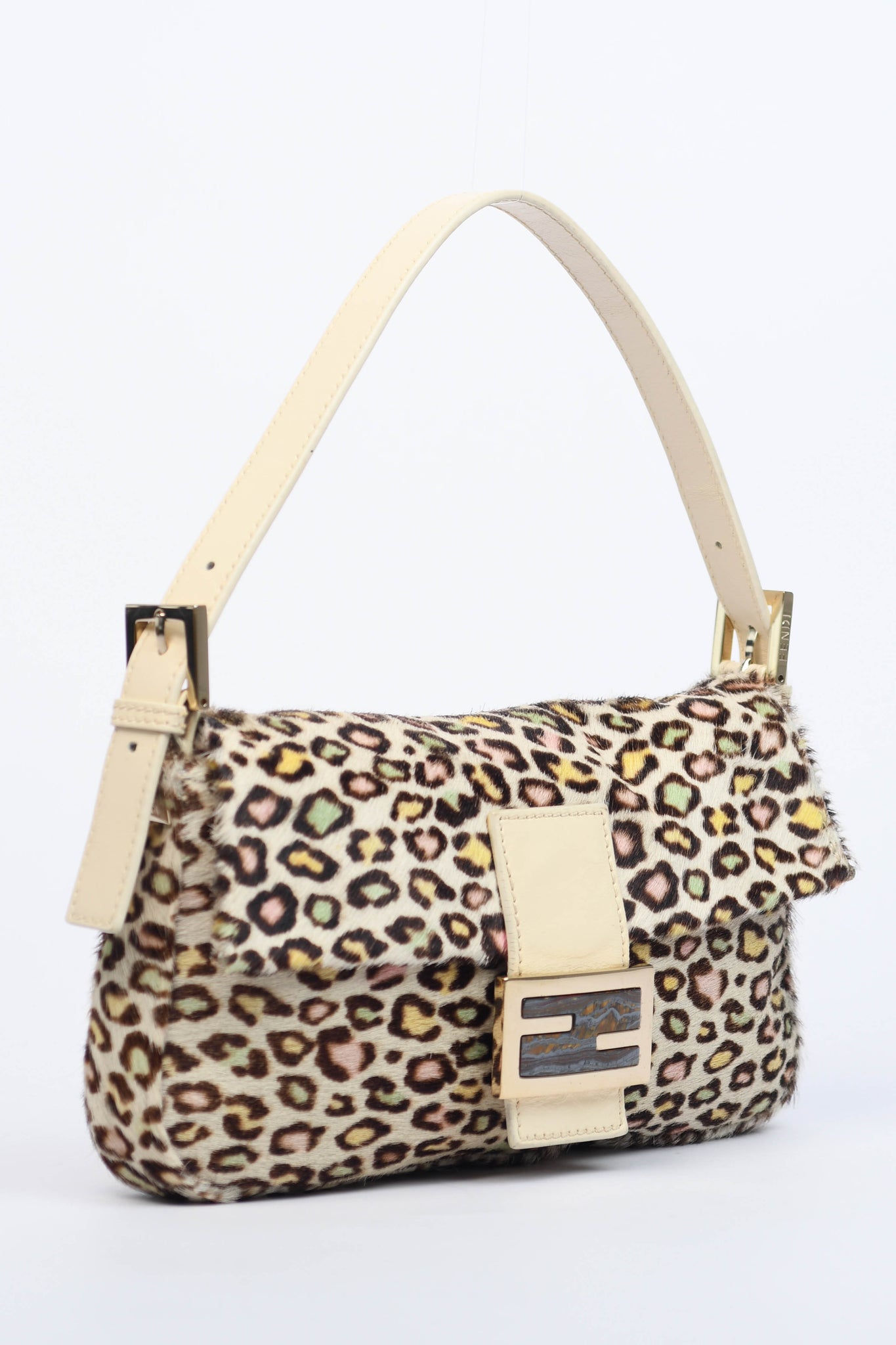 Vintage Fendi Multicoloured Leopard Print Pony Hair Baguette Shoulder Bag