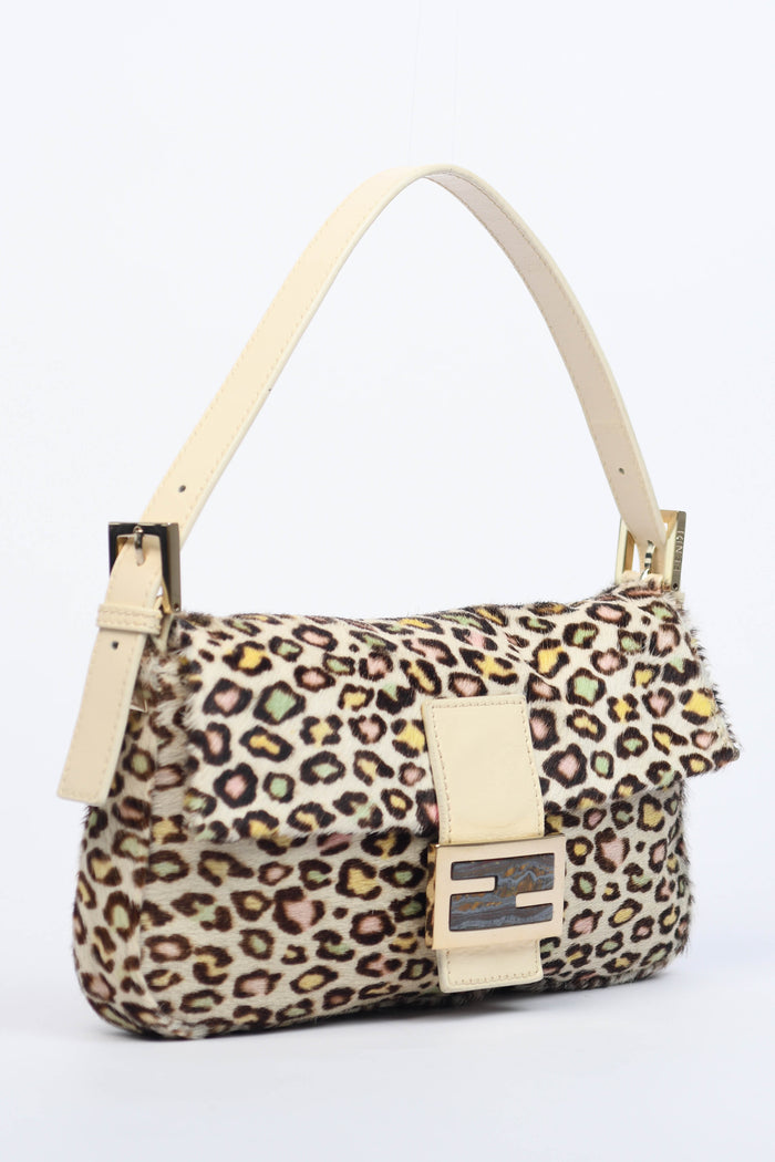 Vintage Fendi Multicoloured Leopard Print Pony Hair Baguette Shoulder Bag