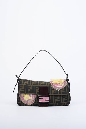 Vintage Fendi Zucca Floral Embroidered Baguette Shoulder Bag
