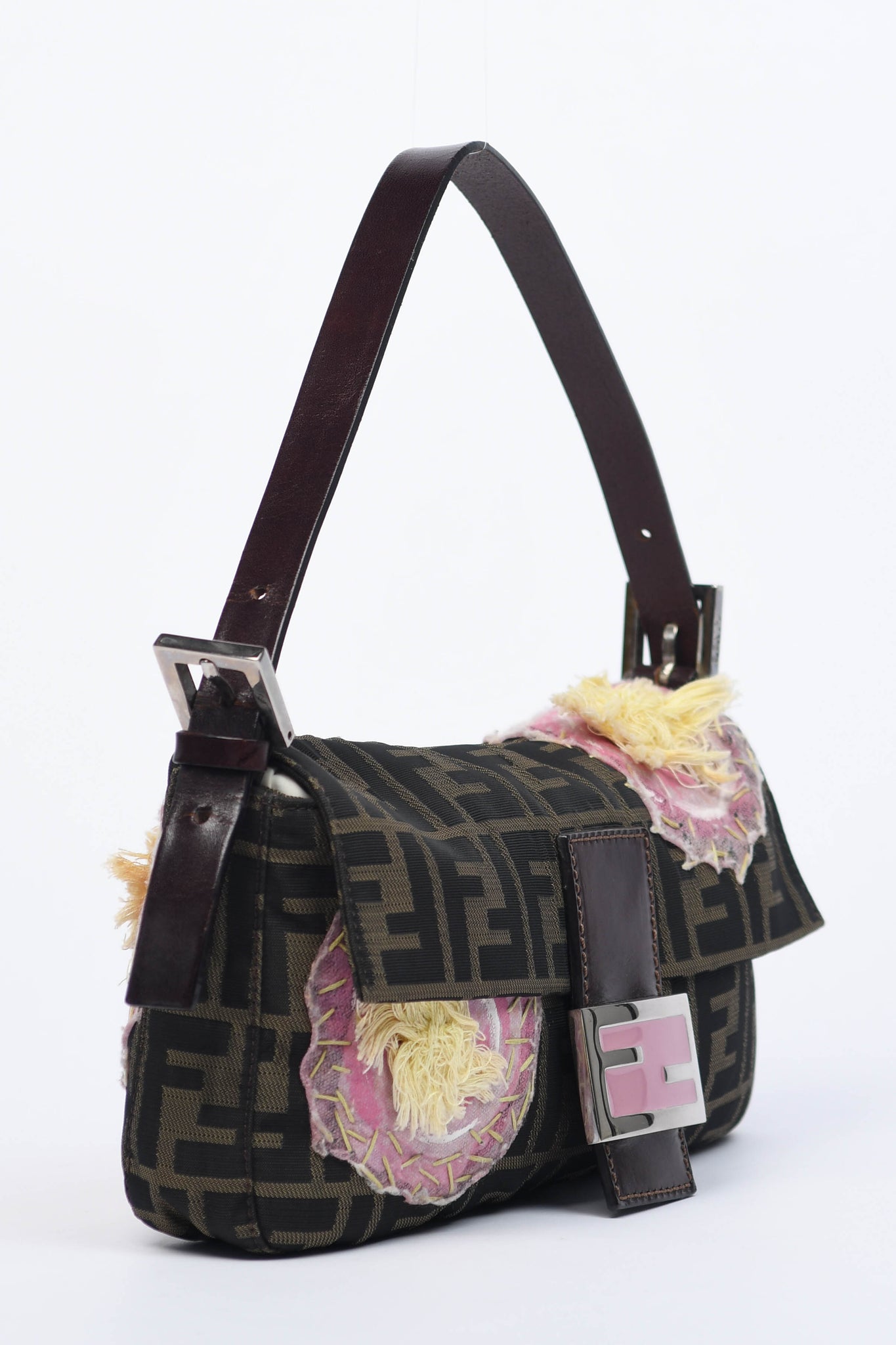 Vintage Fendi Zucca Floral Embroidered Baguette Shoulder Bag
