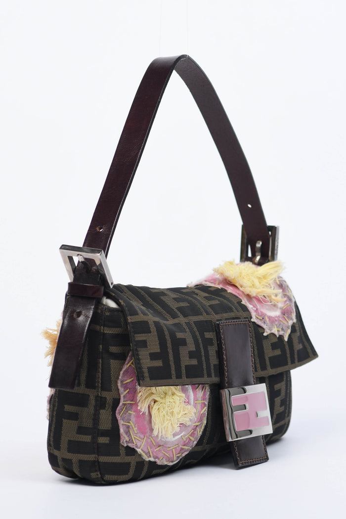 Vintage Fendi Zucca Floral Embroidered Baguette Shoulder Bag