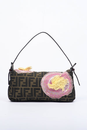 Vintage Fendi Zucca Floral Embroidered Baguette Shoulder Bag