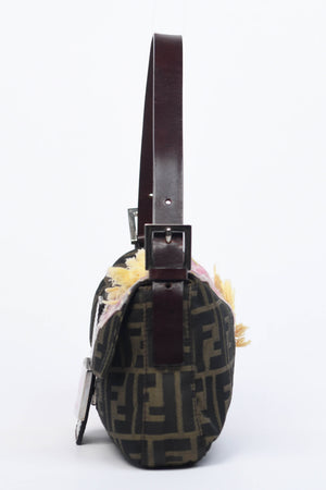 Vintage Fendi Zucca Floral Embroidered Baguette Shoulder Bag