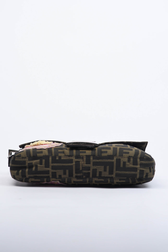 Vintage Fendi Zucca Floral Embroidered Baguette Shoulder Bag