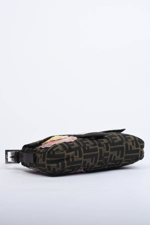 Vintage Fendi Zucca Floral Embroidered Baguette Shoulder Bag