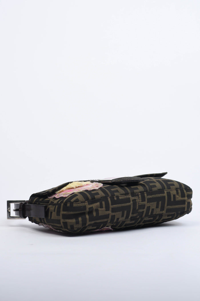 Vintage Fendi Zucca Floral Embroidered Baguette Shoulder Bag