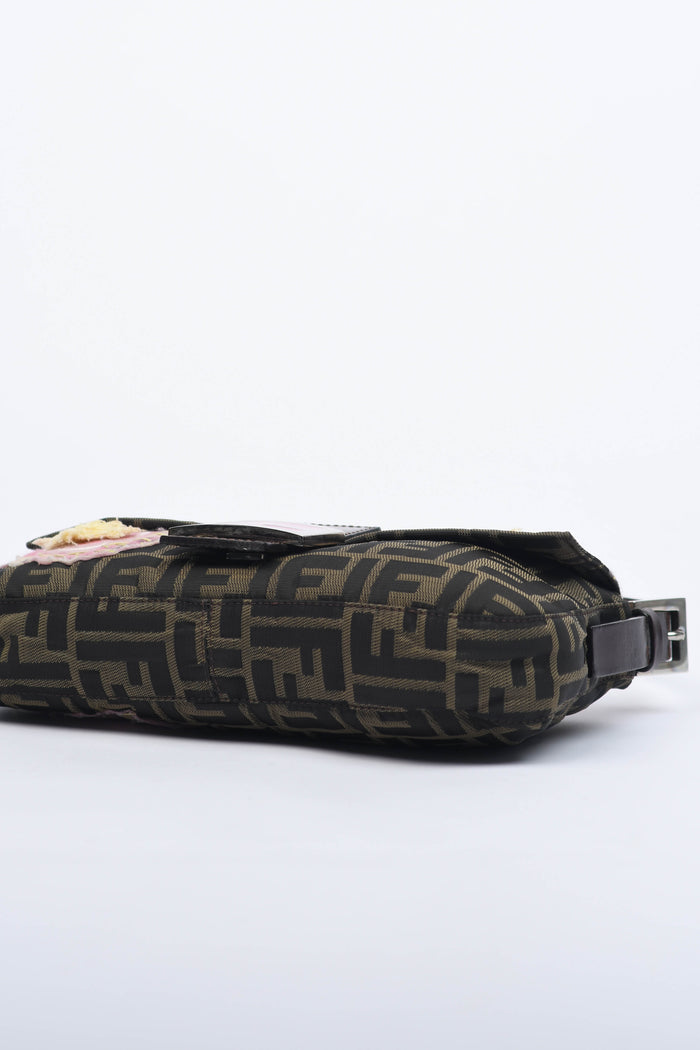 Vintage Fendi Zucca Floral Embroidered Baguette Shoulder Bag