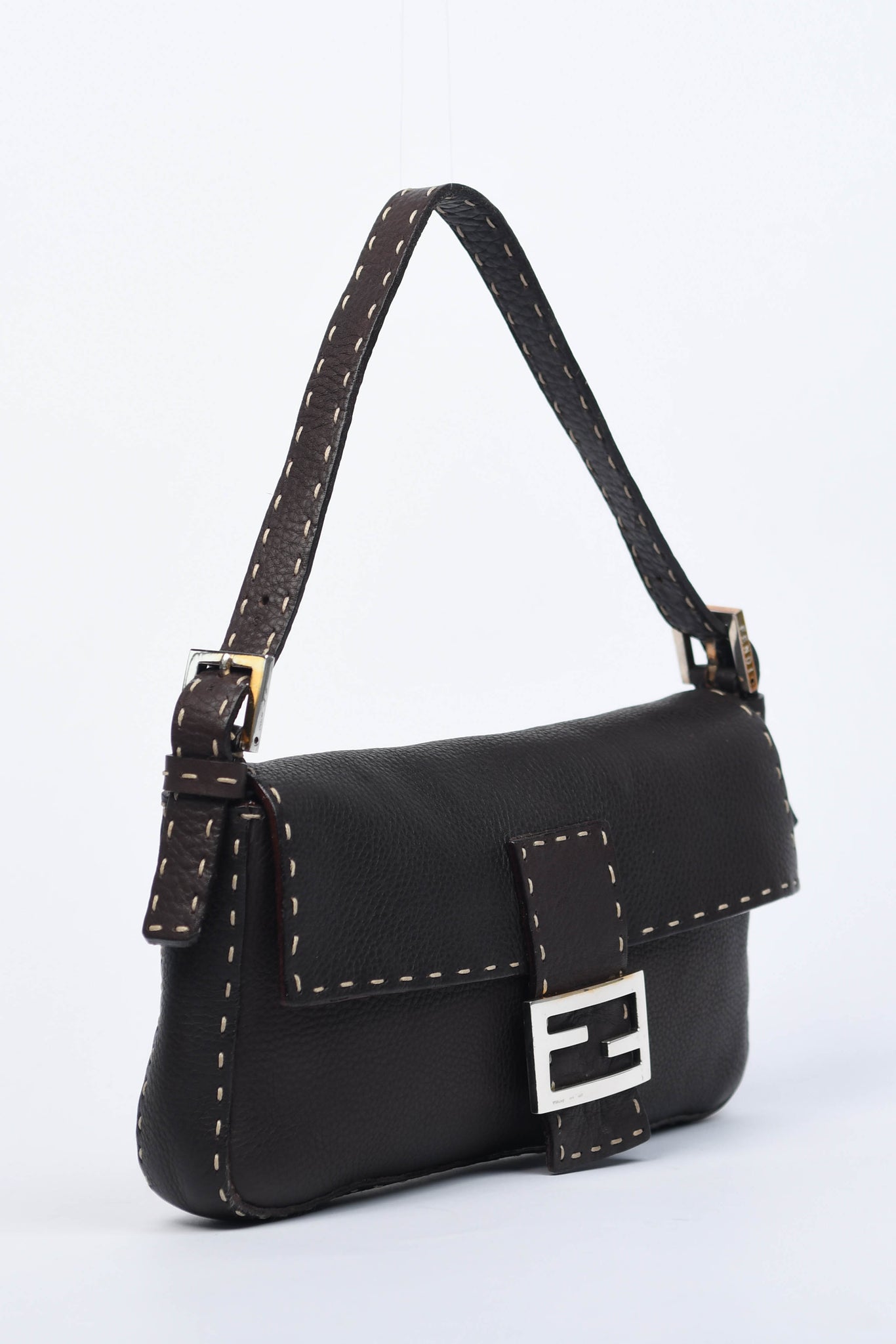 Vintage Fendi Brown Leather Selleria Baguette Shoulder Bag