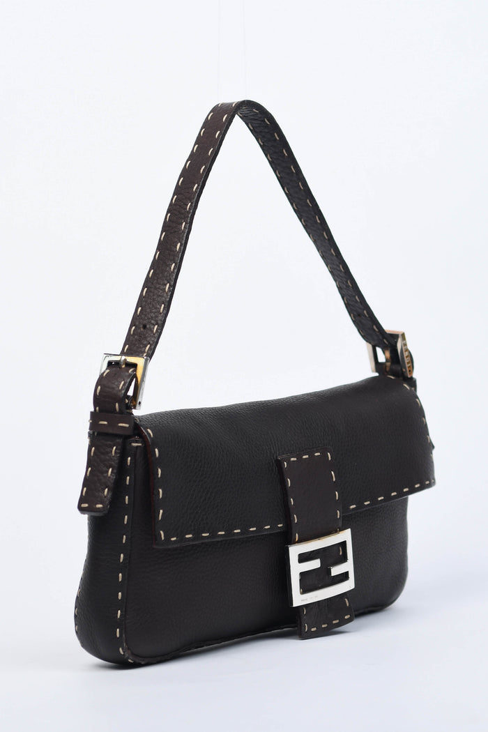 Vintage Fendi Brown Leather Selleria Baguette Shoulder Bag