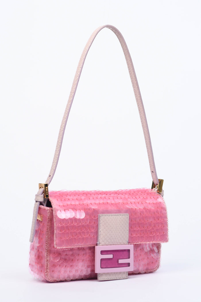RARE Fendi Pink Sequin Mini Baguette Shoulder Bag