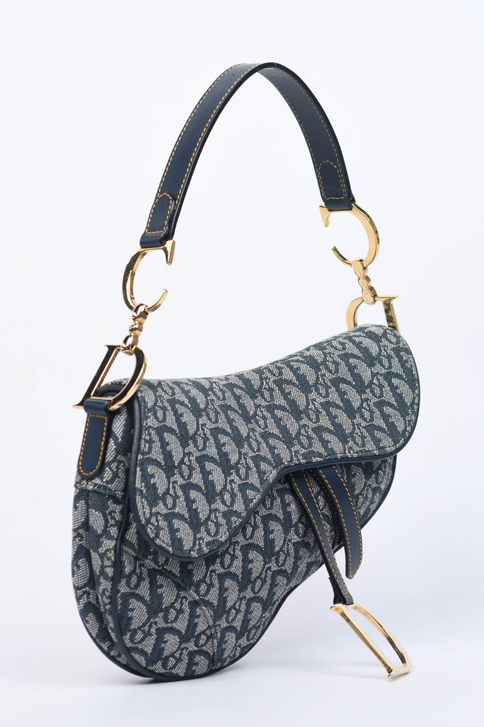 Vintage Christian Dior Navy Monogram Saddle Shoulder Bag
