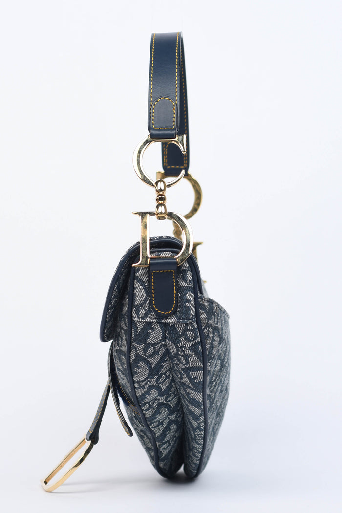Vintage Christian Dior Navy Monogram Saddle Shoulder Bag
