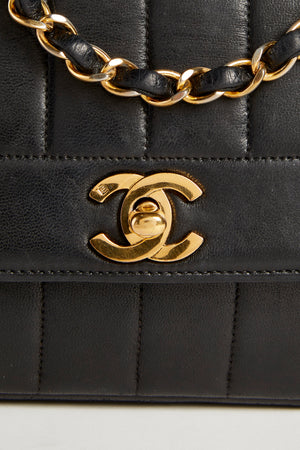 90s Chanel Black Leather Vertical Stitch Mademoiselle Small Single Flap