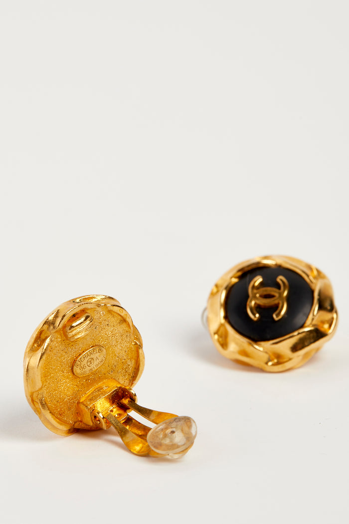 Vintage Chanel Black & Gold CC Round Earrings