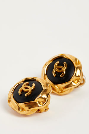 Vintage Chanel Black & Gold CC Round Earrings