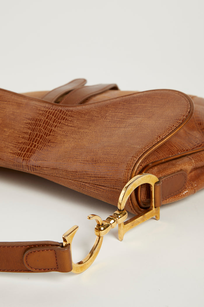 Vintage Christian Dior Brown Mock Lizard Saddle Bag