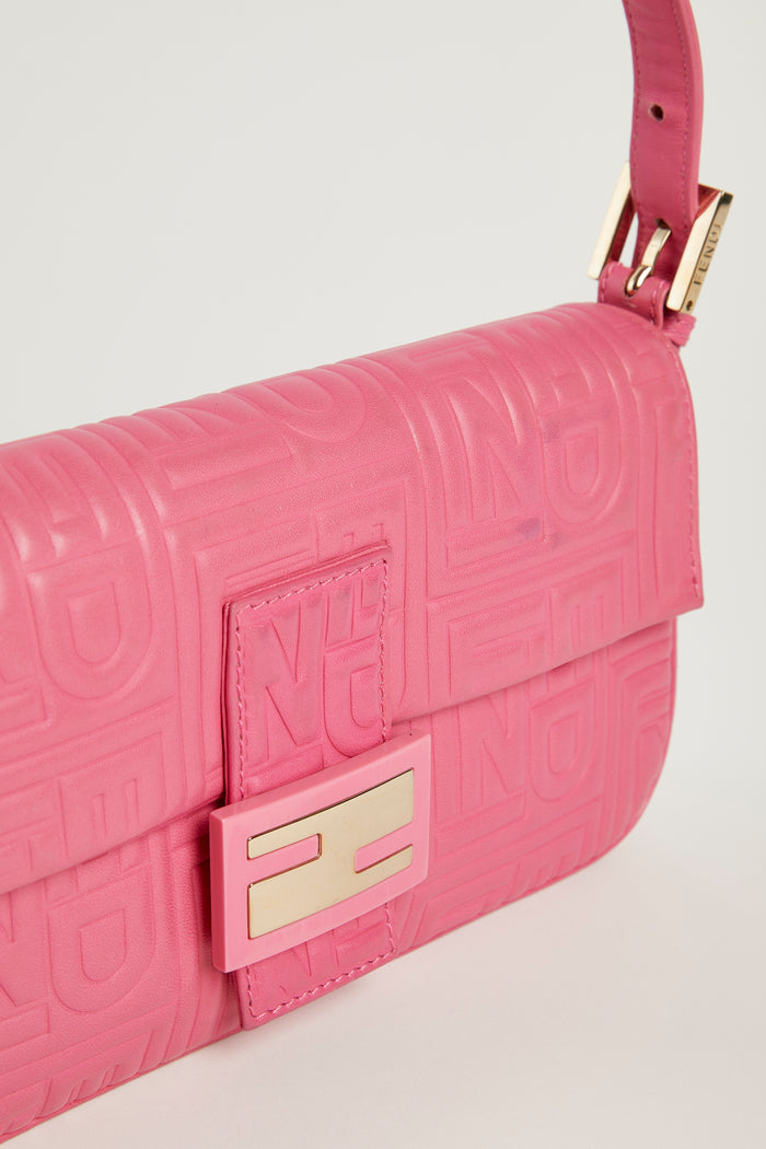RARE Fendi Pink Nappa Leather Embossed Baguette Shoulder Bag