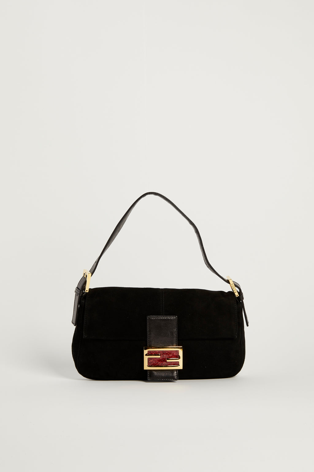 Vintage Fendi Black Suede Baguette Shoulder Bag