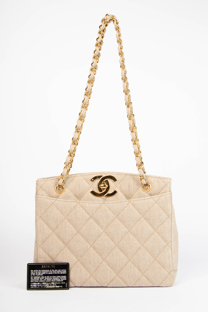 RARE Vintage Chanel Linen Tote Bag with 24k GHW