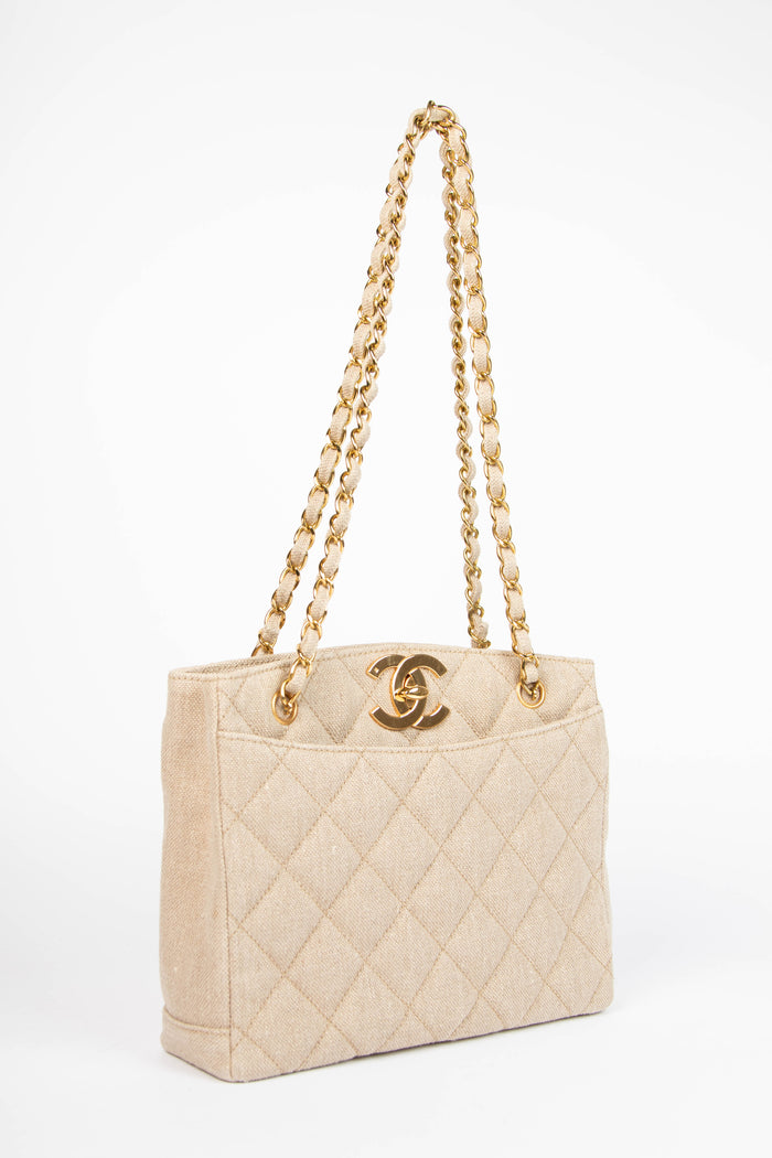 RARE Vintage Chanel Linen Tote Bag with 24k GHW