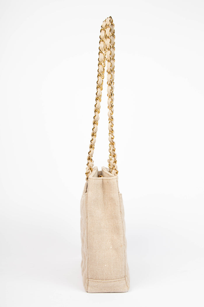 RARE Vintage Chanel Linen Tote Bag with 24k GHW