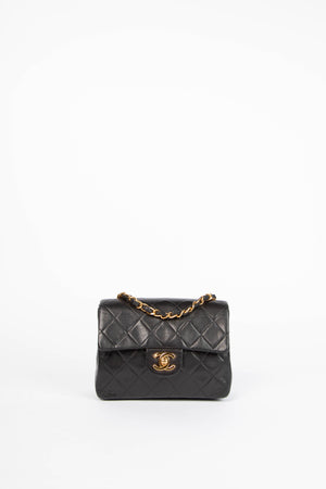90s Chanel Black Lambskin Leather Mini Square Flap with 24k GHW