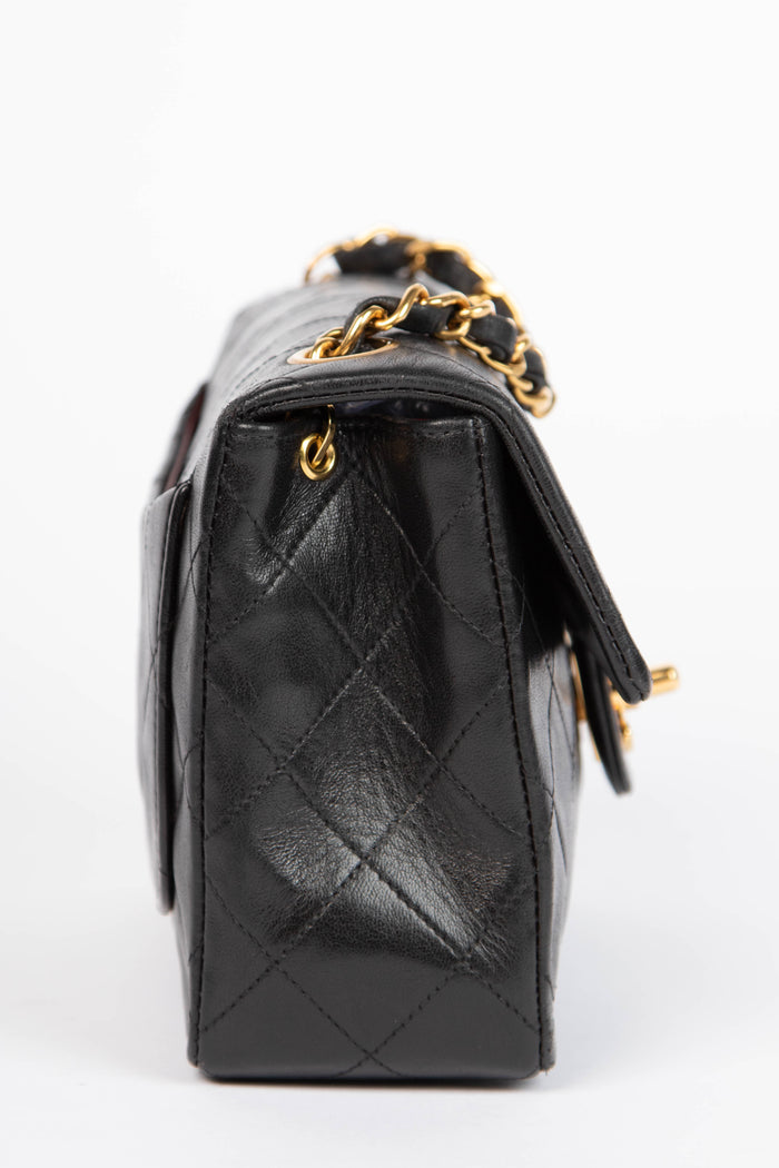 90s Chanel Black Lambskin Leather Mini Square Flap with 24k GHW