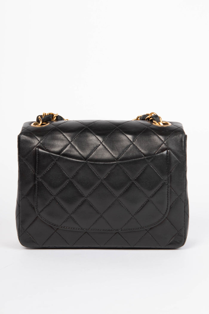 90s Chanel Black Lambskin Leather Mini Square Flap with 24k GHW