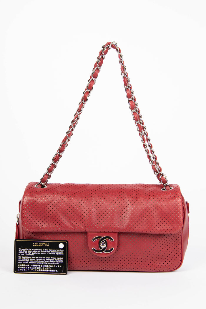 2000s Chanel Red Perforated Lambskin Leather Single Flap Shoulder Bag