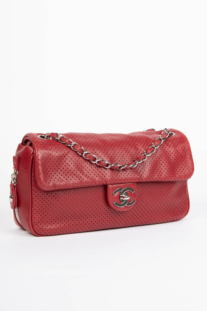 2000s Chanel Red Perforated Lambskin Leather Single Flap Shoulder Bag