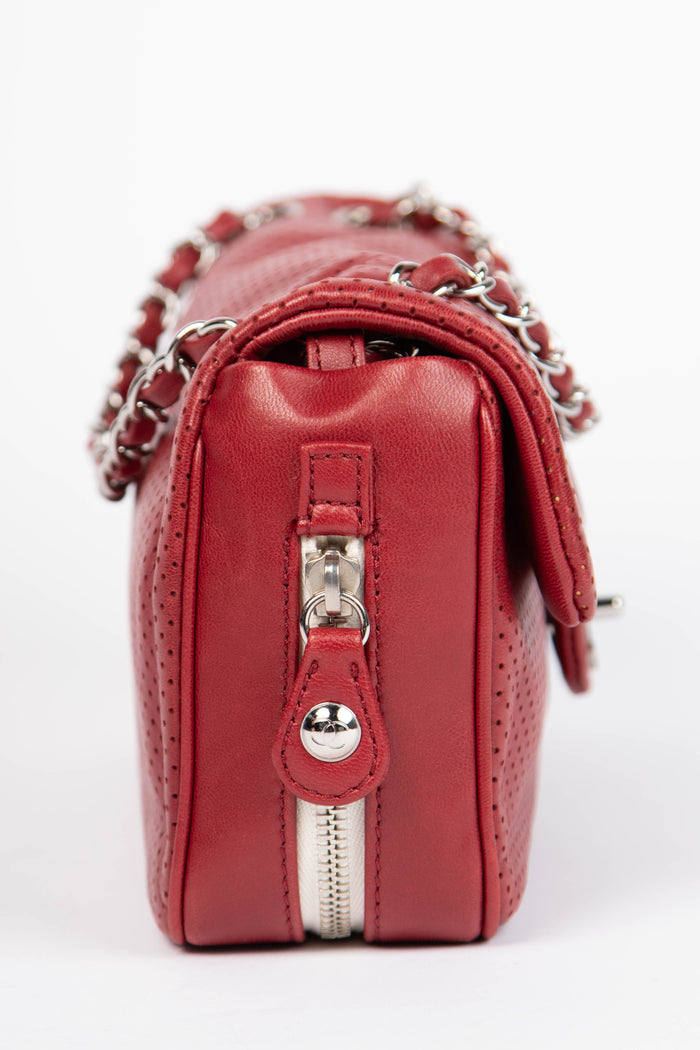 2000s Chanel Red Perforated Lambskin Leather Single Flap Shoulder Bag