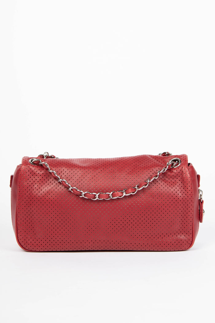 2000s Chanel Red Perforated Lambskin Leather Single Flap Shoulder Bag
