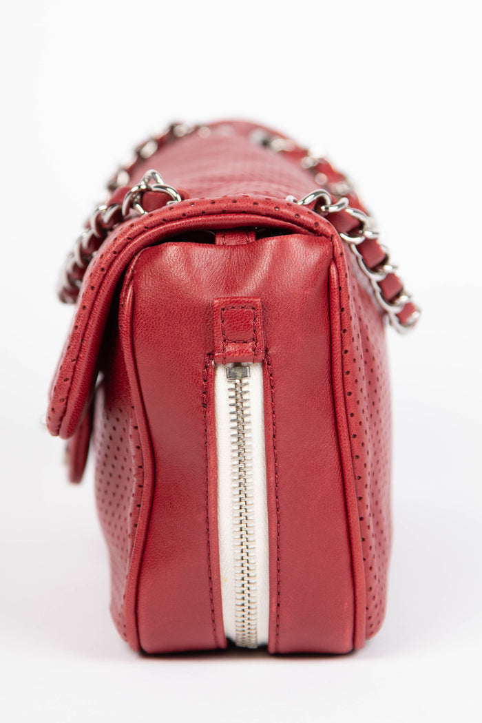 2000s Chanel Red Perforated Lambskin Leather Single Flap Shoulder Bag
