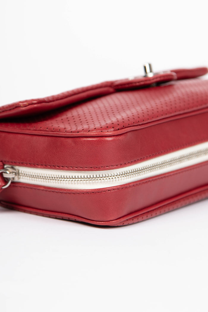 2000s Chanel Red Perforated Lambskin Leather Single Flap Shoulder Bag