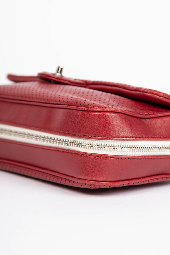 2000s Chanel Red Perforated Lambskin Leather Single Flap Shoulder Bag