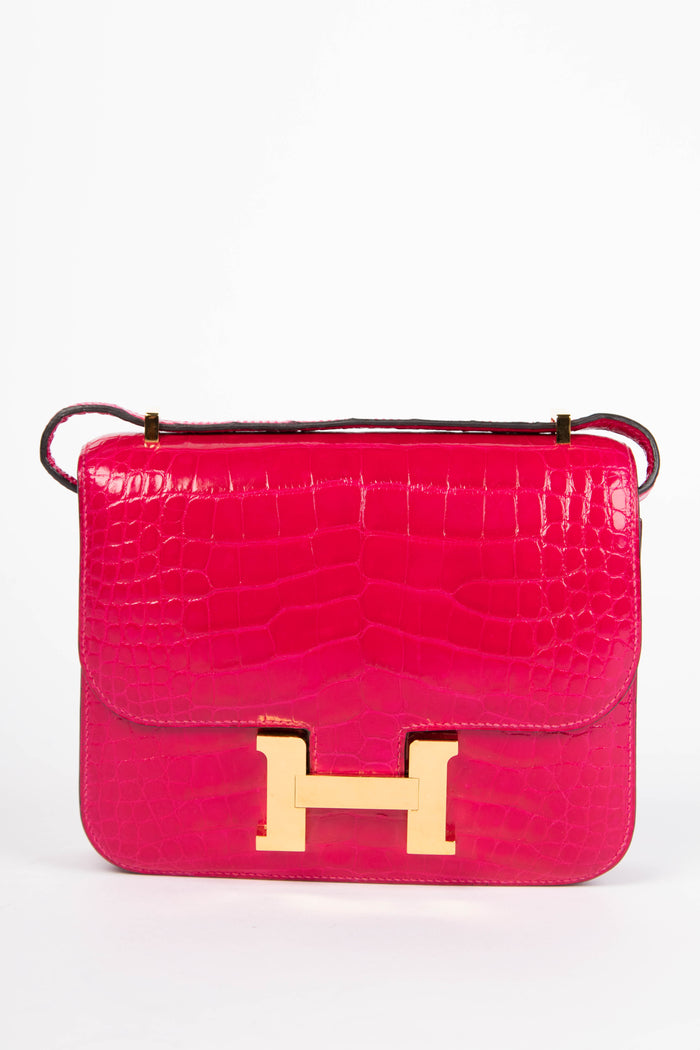 RARE 2021 Hermès Constance 18cm in Rose Scheherazade Shiny Alligator GHW
