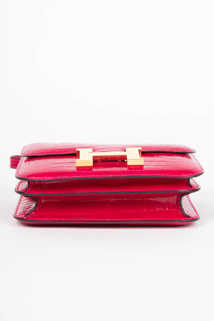 RARE 2021 Hermès Constance 18cm in Rose Scheherazade Shiny Alligator GHW