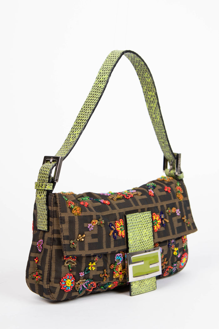 RARE Fendi Zucca Beaded Baguette Shoulder Bag
